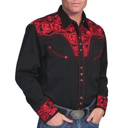 Scully Floral Tooled Red Men's Button Up P634