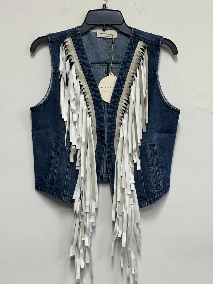 Women's Medium Wash Fringe Detail Denim Vest SIJ5447A