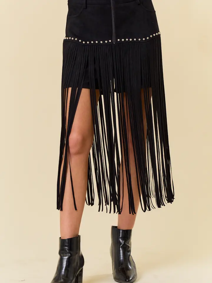 Women's Black Long Fringe Faux Suede Shorts SIP6355A