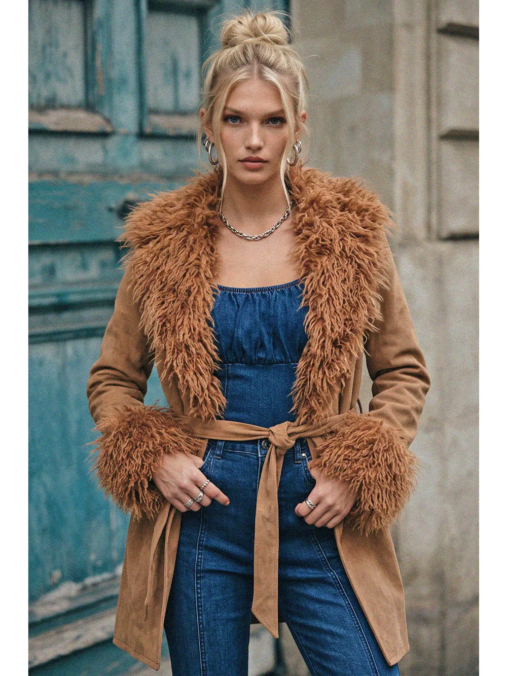 Wisteria Lane Fur Trim Suede Jacket - Tan W6376JIC