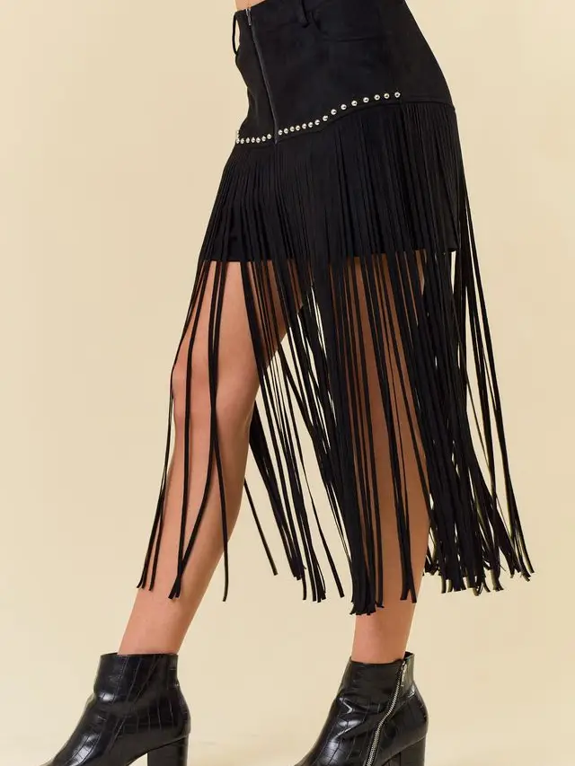 Women's Black Long Fringe Faux Suede Shorts SIP6355A