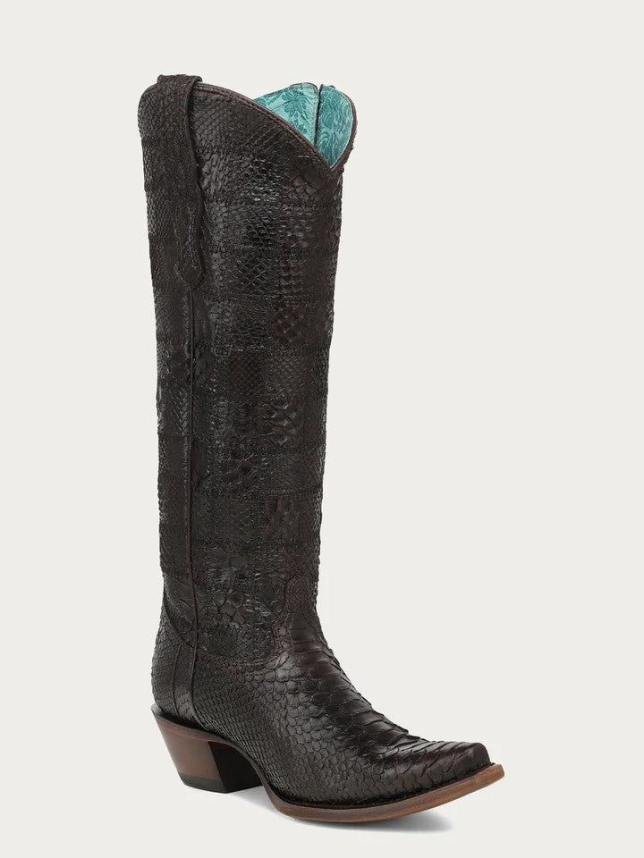 Corral Women's Chocolate Python Patchwork Tall Snip Toe Cowboy Boot A5155