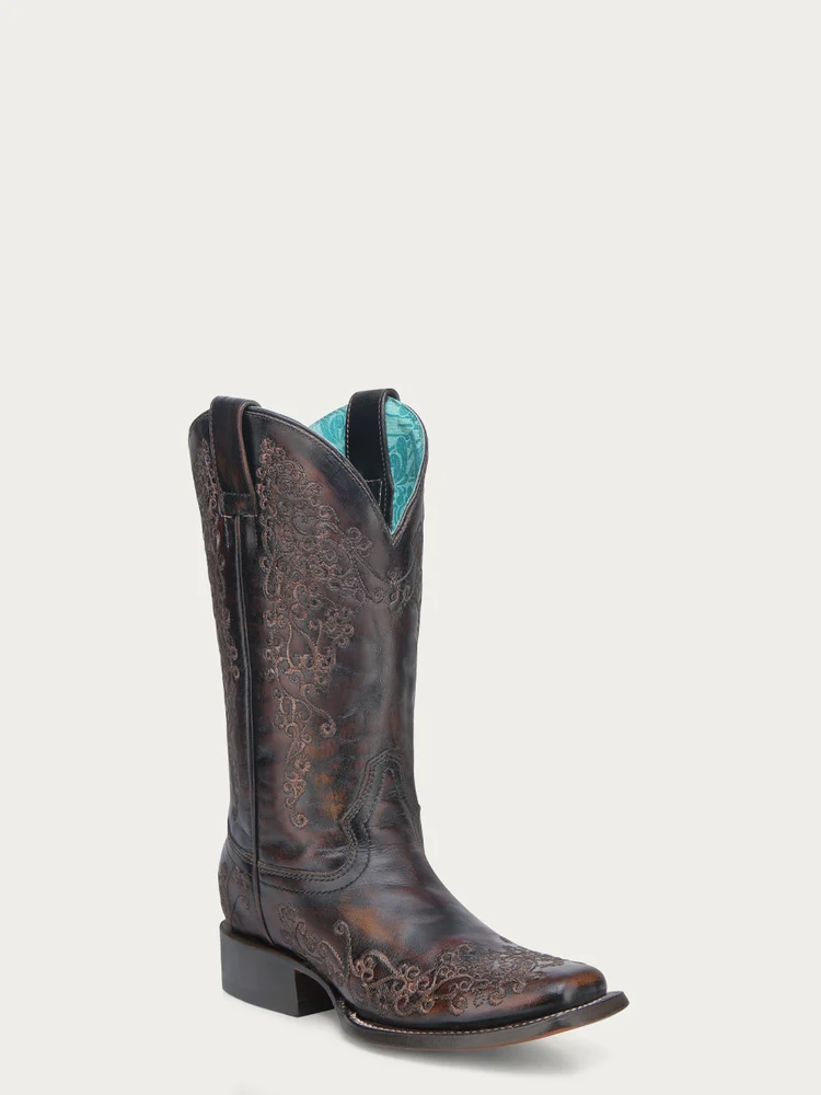 Corral Womens Black/Honey Floral Embroidery Square Toe  A4806