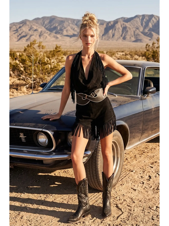 Wisteria Lane Fringed Suede Romper - Black W4444RIA
