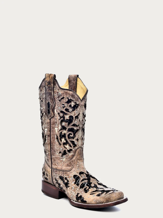 Corral Women's Black Glitter Inlay Floral Overlay with Crystals Boot A3648