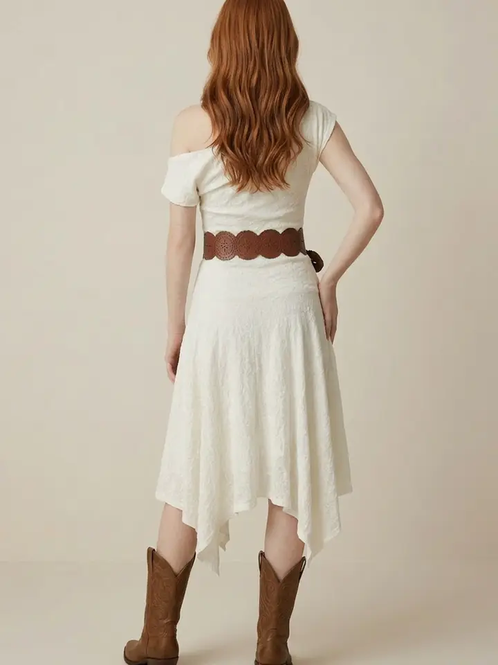 Taelynn Women's Knit Lace Off Shoulder Asymmetric Long Dress W/Belt PD20764T