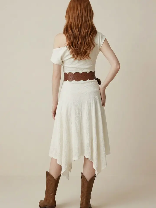 Taelynn Women's Knit Lace Off Shoulder Asymmetric Long Dress W/Belt PD20764T