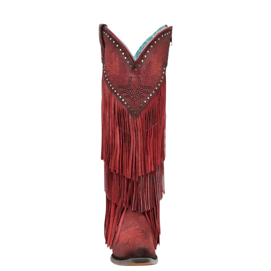 CORRAL WOMEN'S TALL RED BOOT WITH FRINGE, STUDS AND EMBROIDERY A5245