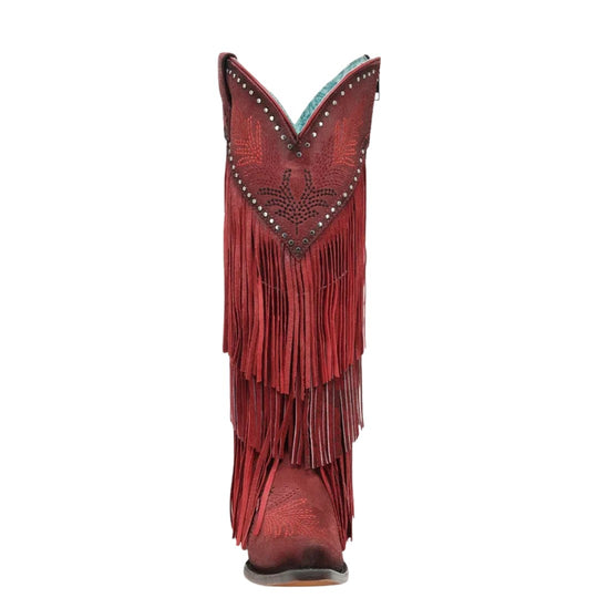 CORRAL WOMEN'S TALL RED BOOT WITH FRINGE, STUDS AND EMBROIDERY A5245