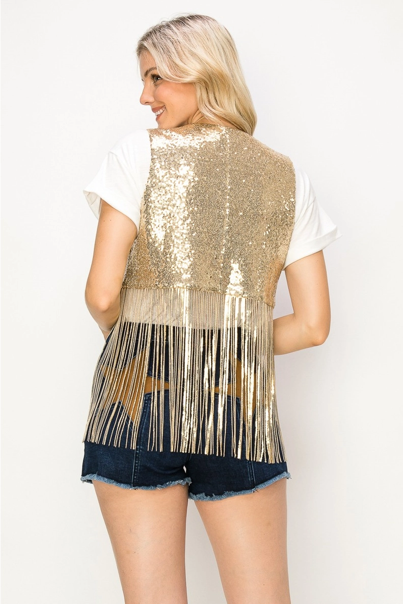 Boho Western Sequin Fringed Vest - Gold W6311JIB