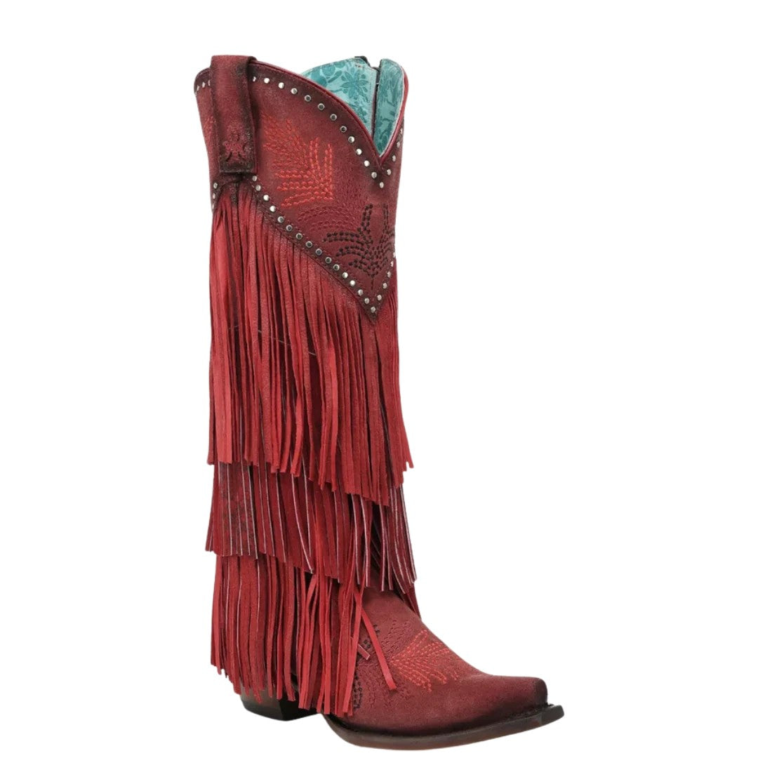 CORRAL WOMEN'S TALL RED BOOT WITH FRINGE, STUDS AND EMBROIDERY A5245