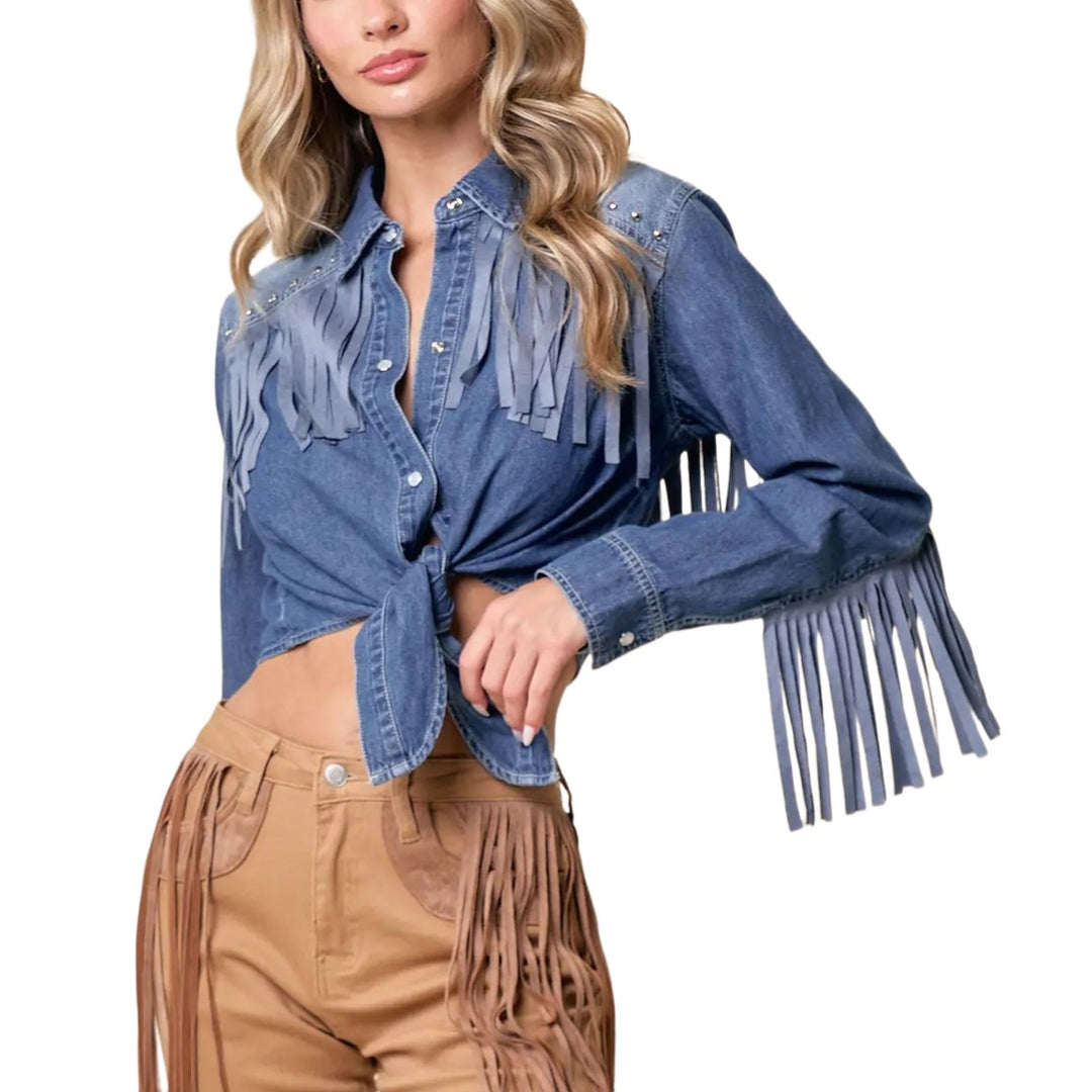 Saints & Hearts Fringe Tie-Front Denim Women’s Top SIT3797C