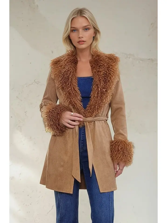 Wisteria Lane Fur Trim Suede Jacket - Tan W6376JIC