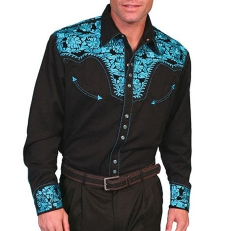 Scully Floral Tooled Turquoise Men's Button Up P634