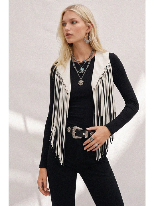 Wisteria Lane Two-toned Fringed Vest - Black/Cream W6408JIA