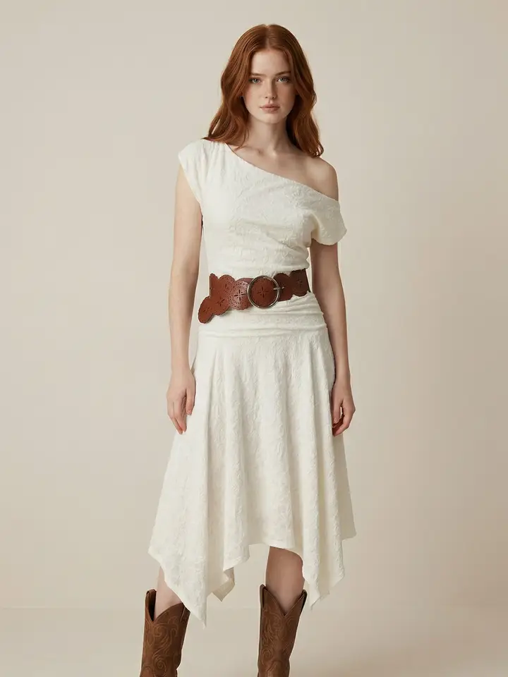 Taelynn Women's Knit Lace Off Shoulder Asymmetric Long Dress W/Belt PD20764T